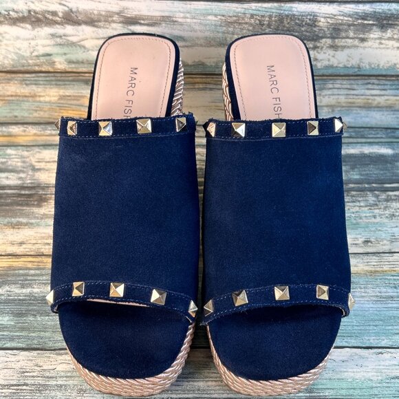 Marc Fisher Platform Slide Sandal Womens 8M Blue Suede Rope Wedge Heel Studded. - Picture 4 of 12